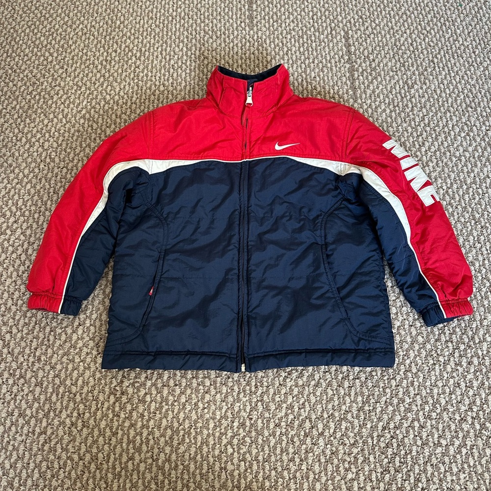Vintage Y2K Nike Reversible Jacket Kids S(8) Red Navy Spellout Missing Hood - Picture 1 of 6